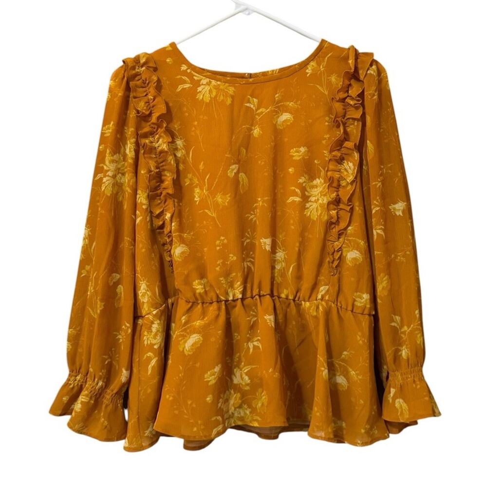 Madewell Size Medium Mustard Yellow Floral Ruffle Peplum Cottagecore Top Fairy